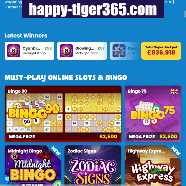 Happy Tiger Casino Homepage Winners - Latest winners section with jackpot amounts