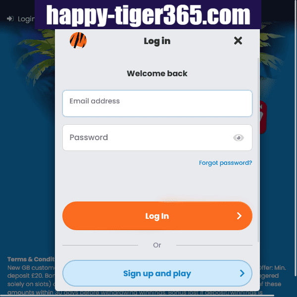 Happy Tiger Casino Login Form - User login popup with email and password fields