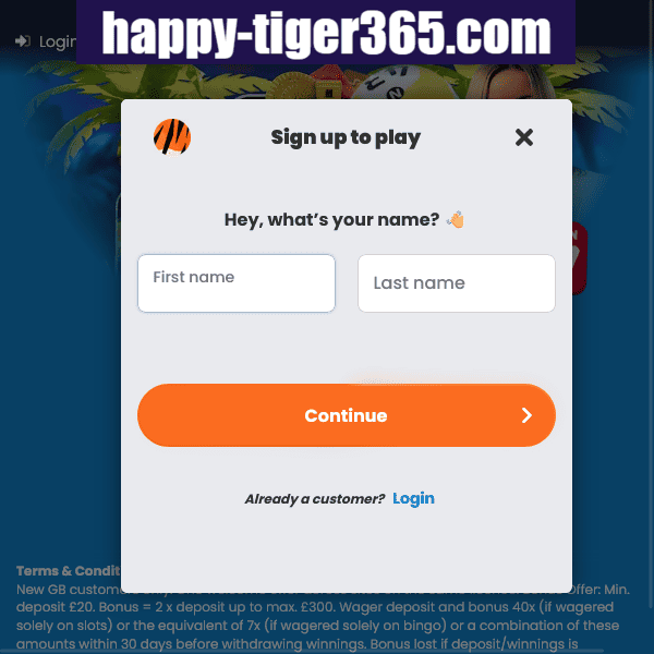 Happy Tiger Casino Sign Up Form - User registration popup with name fields